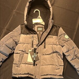 DKNY Charcoal and Black Hooded Puffer Jacket